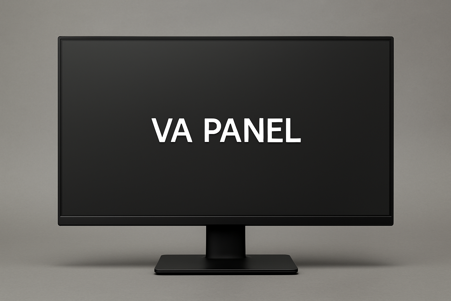تصویر یک مانیتور وایدسکرین با پنل VA در پس‌زمینه‌ی خاکستری ساده، نمایشگر با حاشیه‌ی باریک و عبارت VA PANEL روی صفحه 