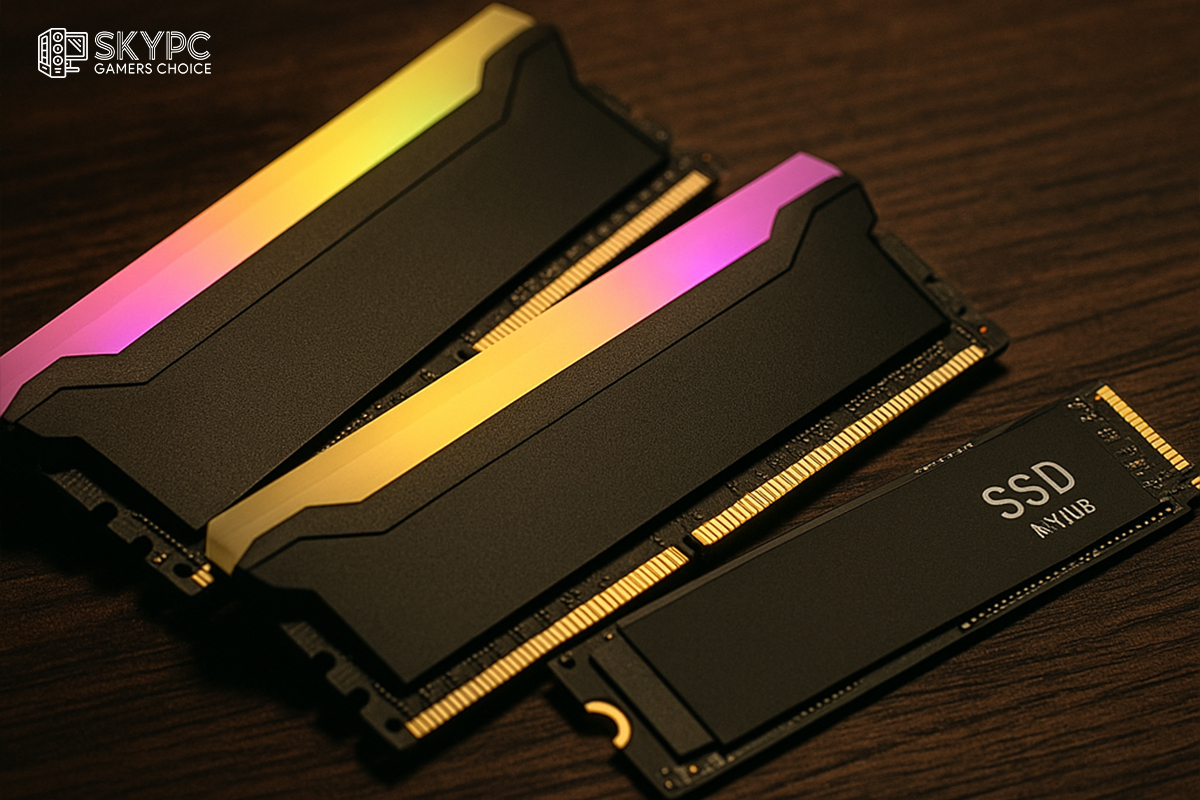 دو رم RGB و یک SSD M.2 با طراحی مدرن، چیده‌شده روی میز چوبی در محیطی با نور ملایم و گیمینگ‌محور