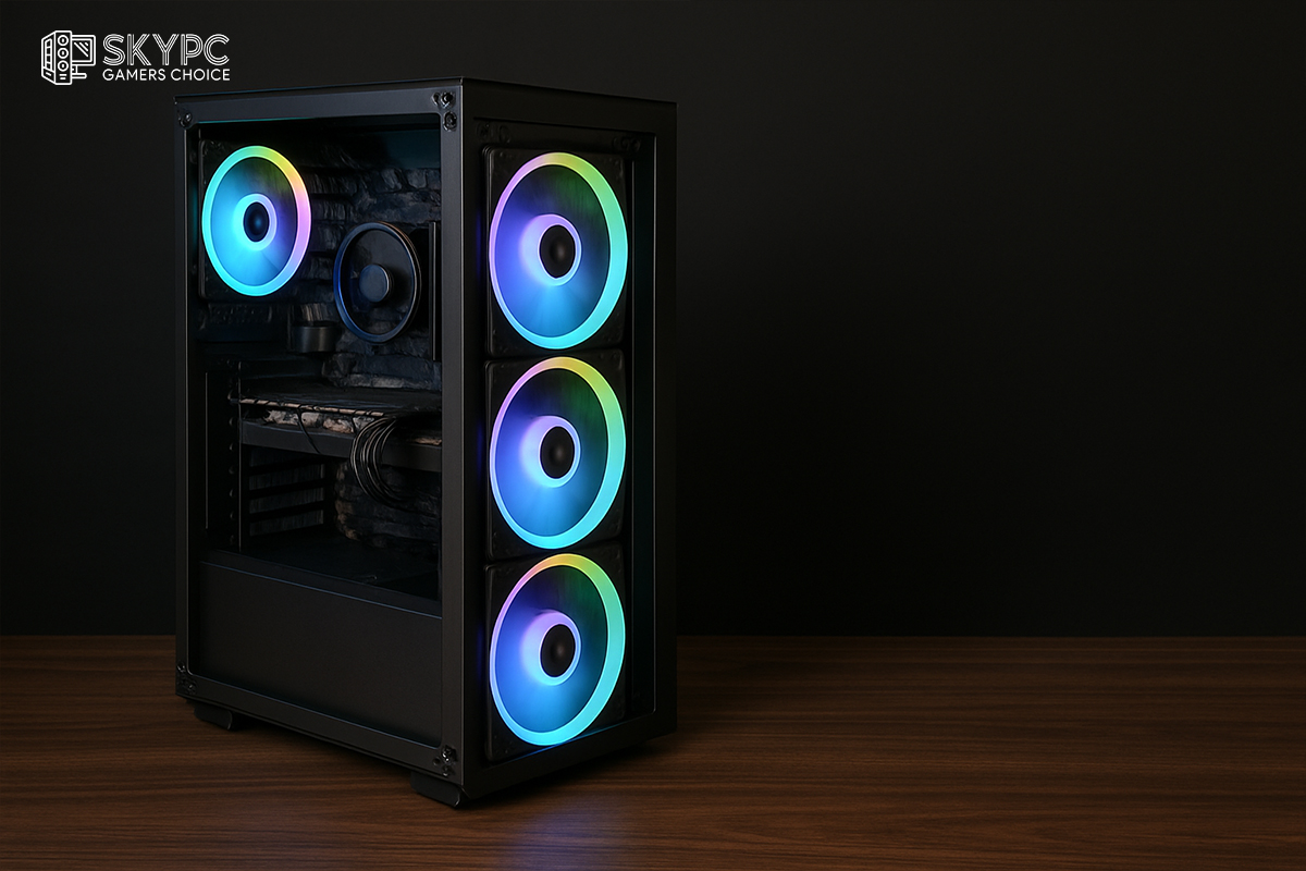 کیس گیمینگ با پنل شیشه‌ای باز شده، فن‌های RGB روشن و فضای داخلی منظم و قابل تهویه