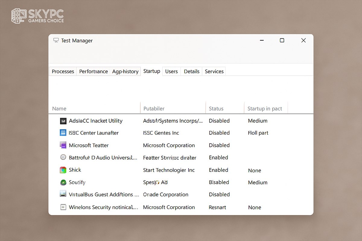 نمایی از صفحه Task Manager در تب Startup، نمایش‌دهنده لیست برنامه‌هایی که هنگام روشن شدن سیستم فعال می‌شن، روی مانیتور در یک محیط کاری مرتب و ساده.