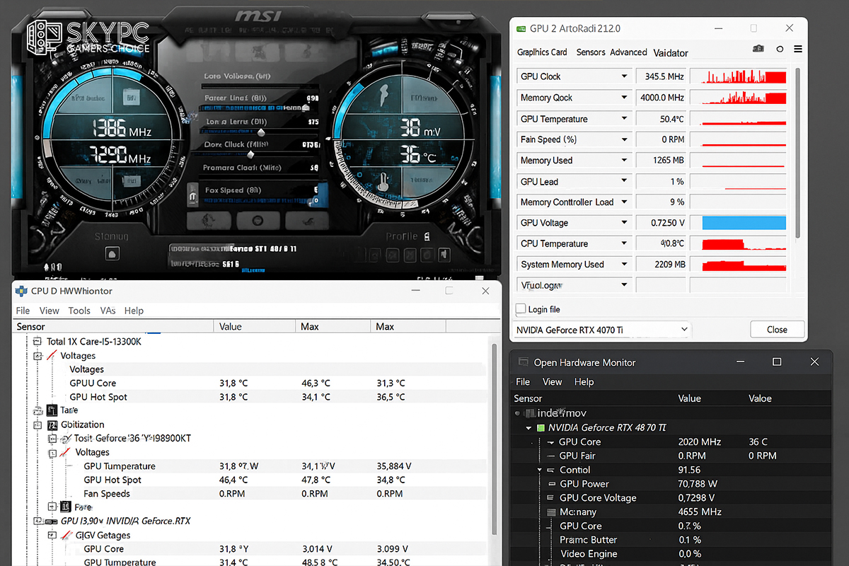 نمایی از محیط چند نرم‌افزار کنترل دمای کارت گرافیک شامل MSI Afterburner، HWMonitor و GPU-Z در حال اجرا روی سیستم