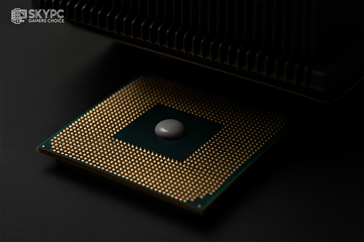 نمای نزدیک از یک CPU با خمیر سیلیکون در مرکز، آماده نصب خنک‌کننده، با پس‌زمینه‌ی تیره برای نمایش دقیق جزئیات پردازنده