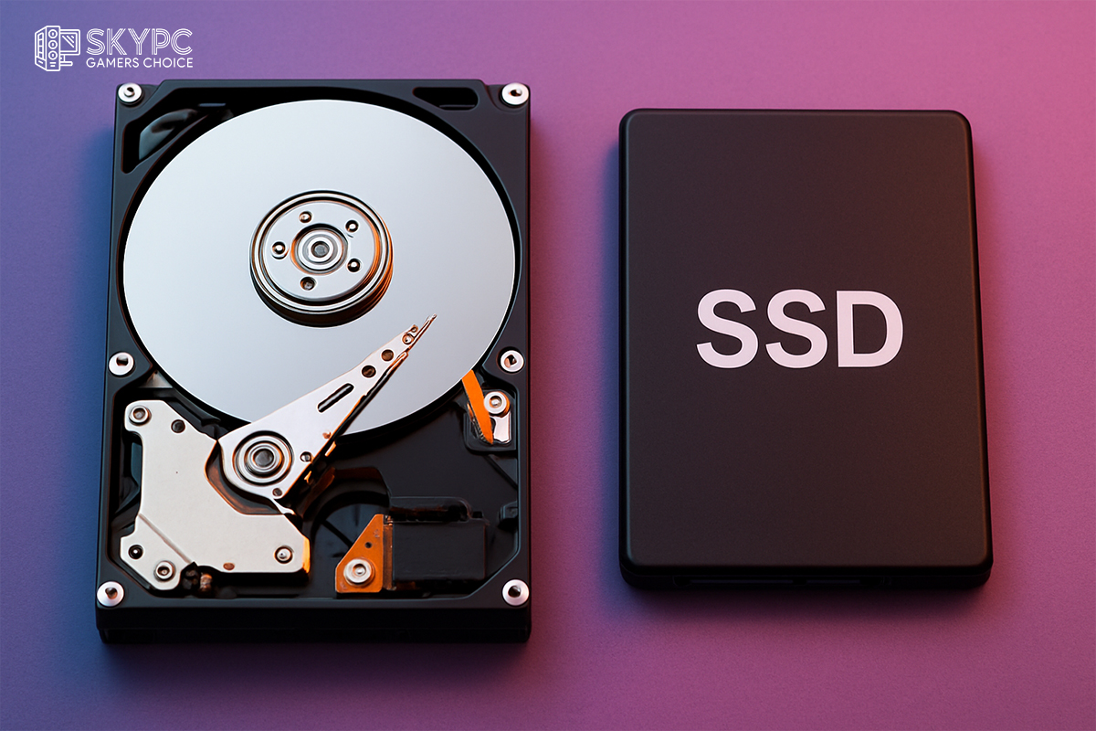 تصویر مقایسه‌ای از یک SSD و یک هارد دیسک HDD در کنار یکدیگر، روی پس‌زمینه روشن، مناسب بررسی تفاوت سرعت و عملکرد در سیستم‌های کامپیوتری