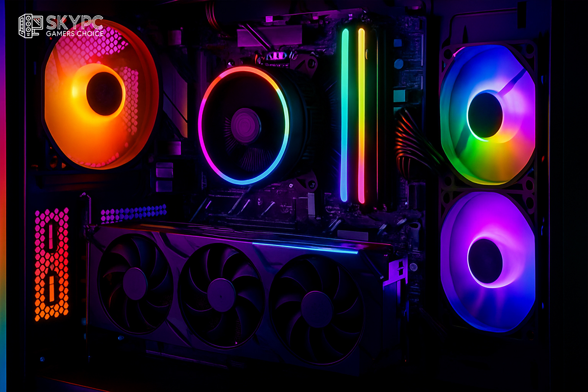 تصویر داخلی یک کیس کامپیوتر با نورپردازی RGB، نمایش‌دهنده جلوه‌های بصری فعال و محیط پرنور ویندوز