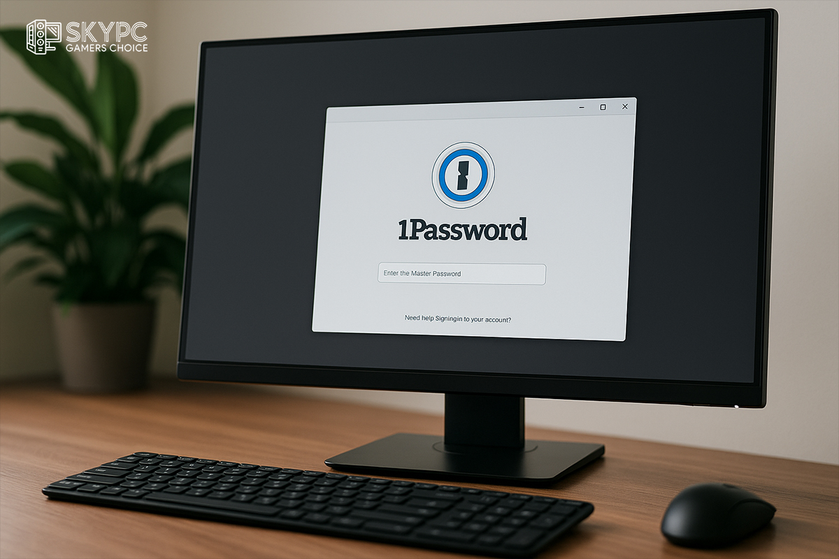 نمایی از محیط کاری با مانیتوری که برنامه 1Password پسورد روی آن اجرا شده، همراه با کیبورد و ماوس روی میز چوبی در فضایی با نور طبیعی.