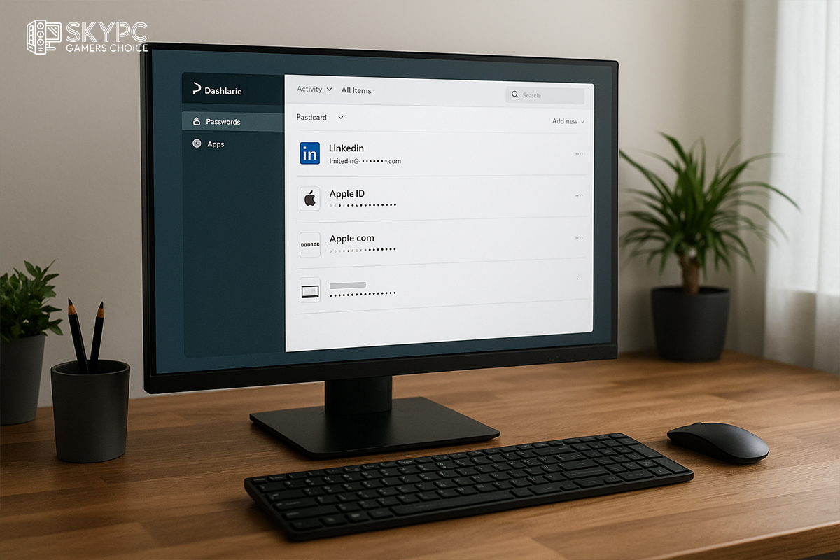 نمایی از میز کار چوبی با مانیتور روشن که داشبورد نرم‌افزار Dashlane روی آن نمایش داده شده، همراه با کیبورد، ماوس و نور طبیعی از کنار پنجره.