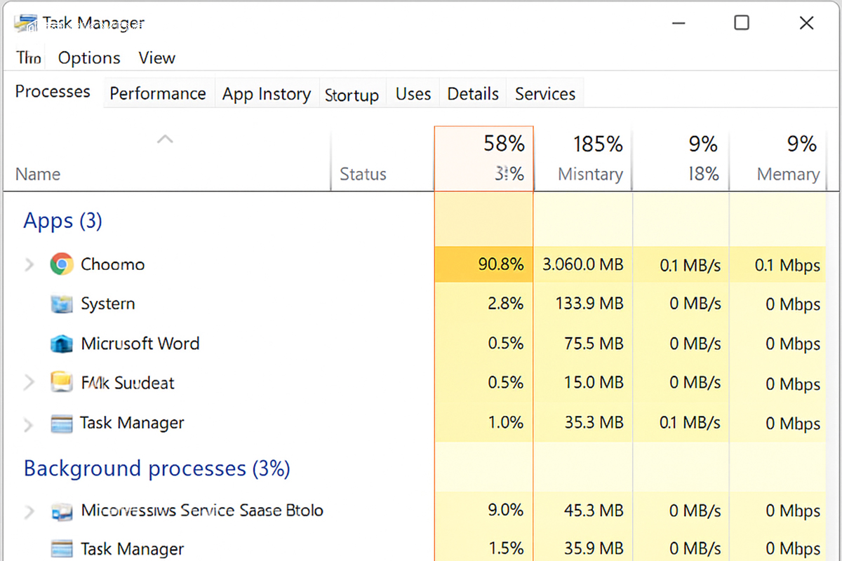 تصویر صفحه Task Manager در ویندوز که مصرف منابع سیستم مثل CPU و رم توسط برنامه‌ها را به‌صورت مرتب‌شده نمایش می‌دهد.