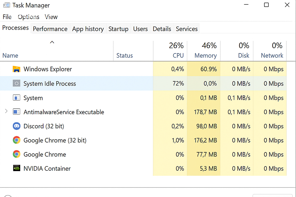 لیست پردازش‌های فعال در Task Manager ویندوز با نمایش برنامه‌های سیستمی مثل Windows Explorer و Antimalware Service Executable.