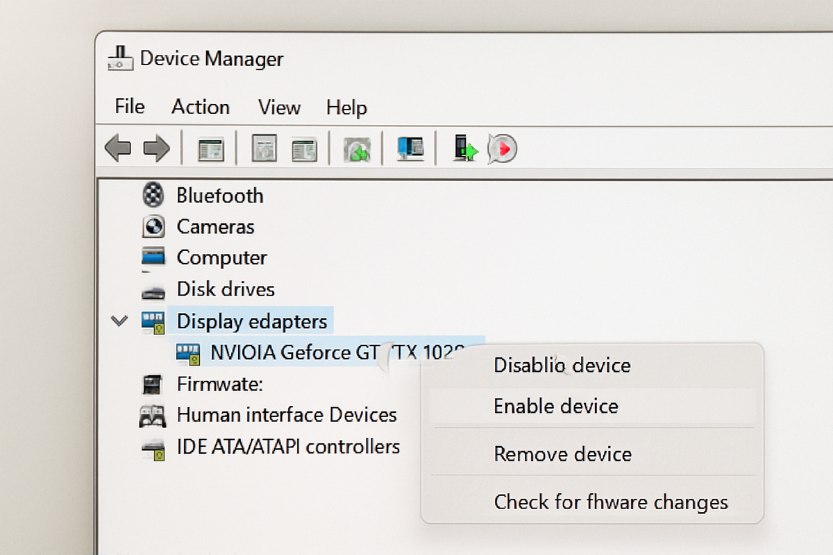 تصویر محیط Device Manager ویندوز با نمایش بخش Display adapters و گزینه‌های ریست کارت گرافیک.