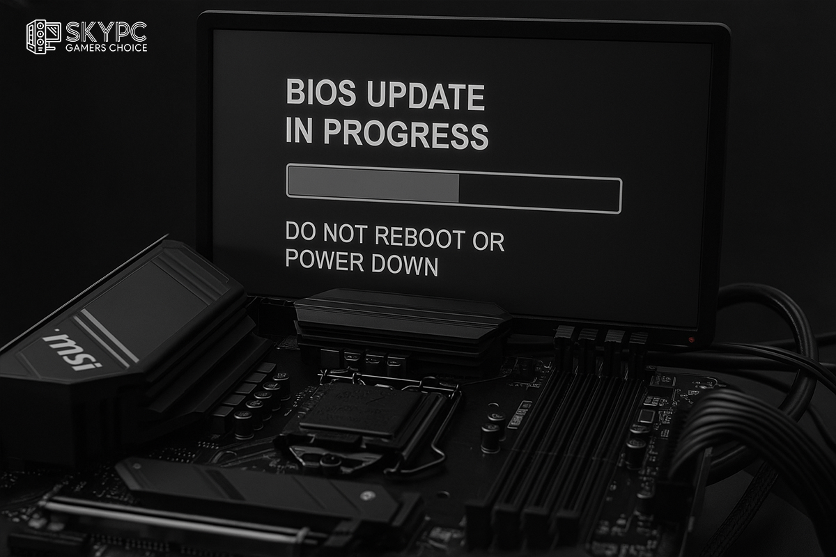 نمایی از مادربرد MSI روی میز کار با یک فلش USB در کنار آن، آماده برای آپدیت بایوس Ask ChatGPT 