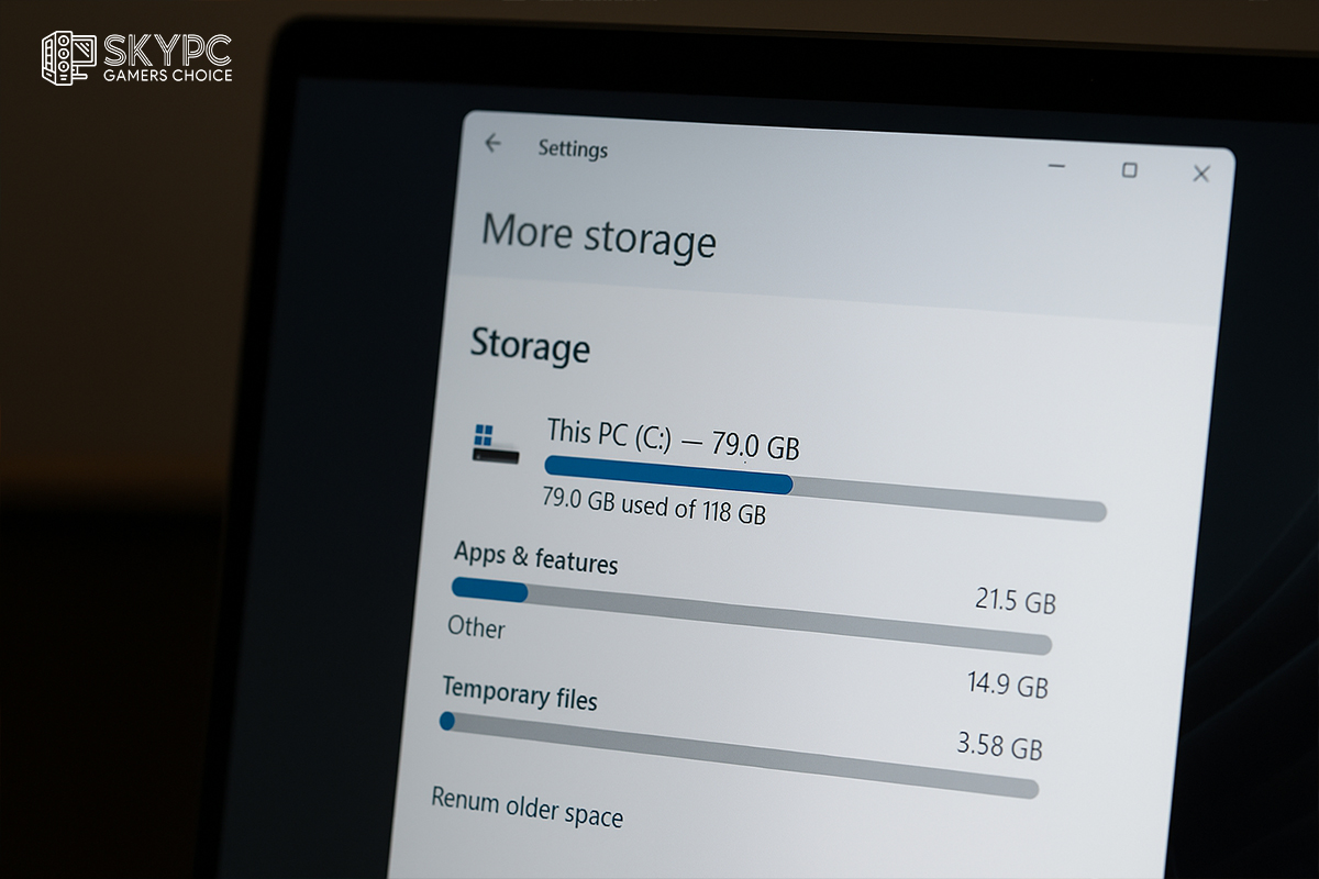 نمای نزدیک از بخش تنظیمات Storage در ویندوز که نشان‌دهنده کمبود فضای ذخیره‌سازی در درایو C لپ‌تاپ است