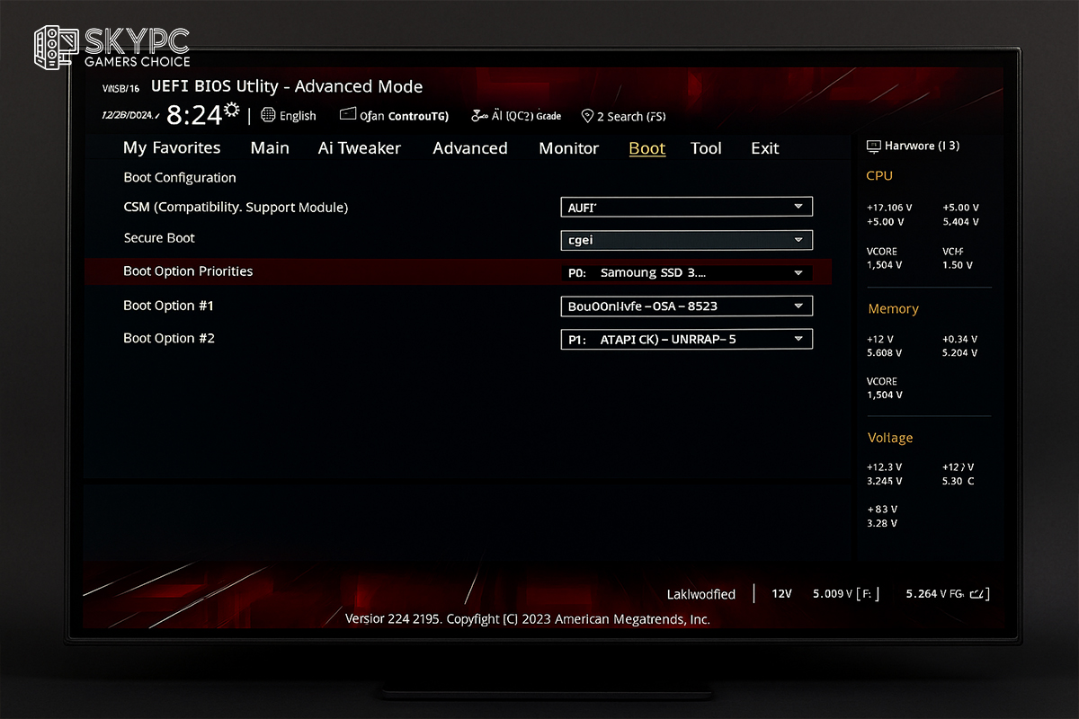 تنظیمات نادرست بایوس (BIOS/UEFI)» می‌سازم — تصویری از صفحه مانیتور که محیط BIOS/UEFI رو نشون می‌ده (قسمت Boot Order یا تنظیمات بوت)