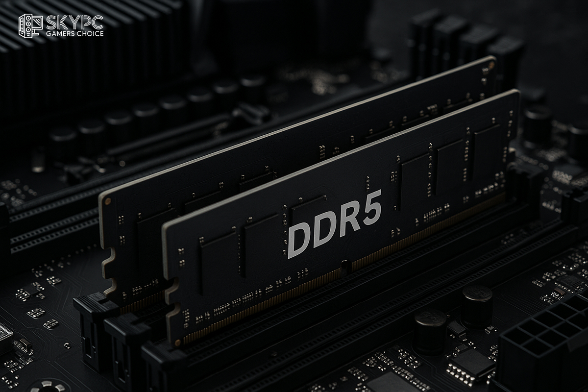 نمای نزدیک از دو ماژول رم DDR4 و DDR5 نصب‌شده روی مادربرد، مقایسه‌ای از نسل‌های مختلف حافظه برای بررسی ارزش ارتقا در سال 2025