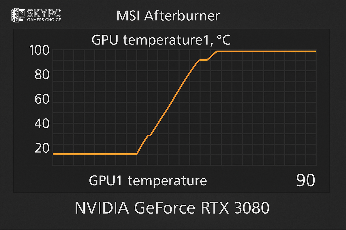 نمایی از نرم‌افزار MSI Afterburner که افزایش دمای کارت گرافیک NVIDIA GeForce RTX 3080 را تا ۹۰ درجه سانتی‌گراد نشان می‌دهد
