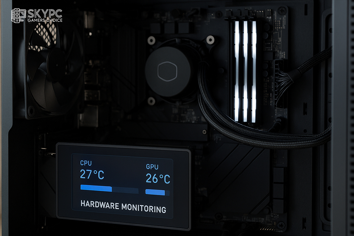 نمای نزدیک از نرم‌افزار HWMonitor در حال نمایش دمای CPU و سخت‌افزارهای سیستم