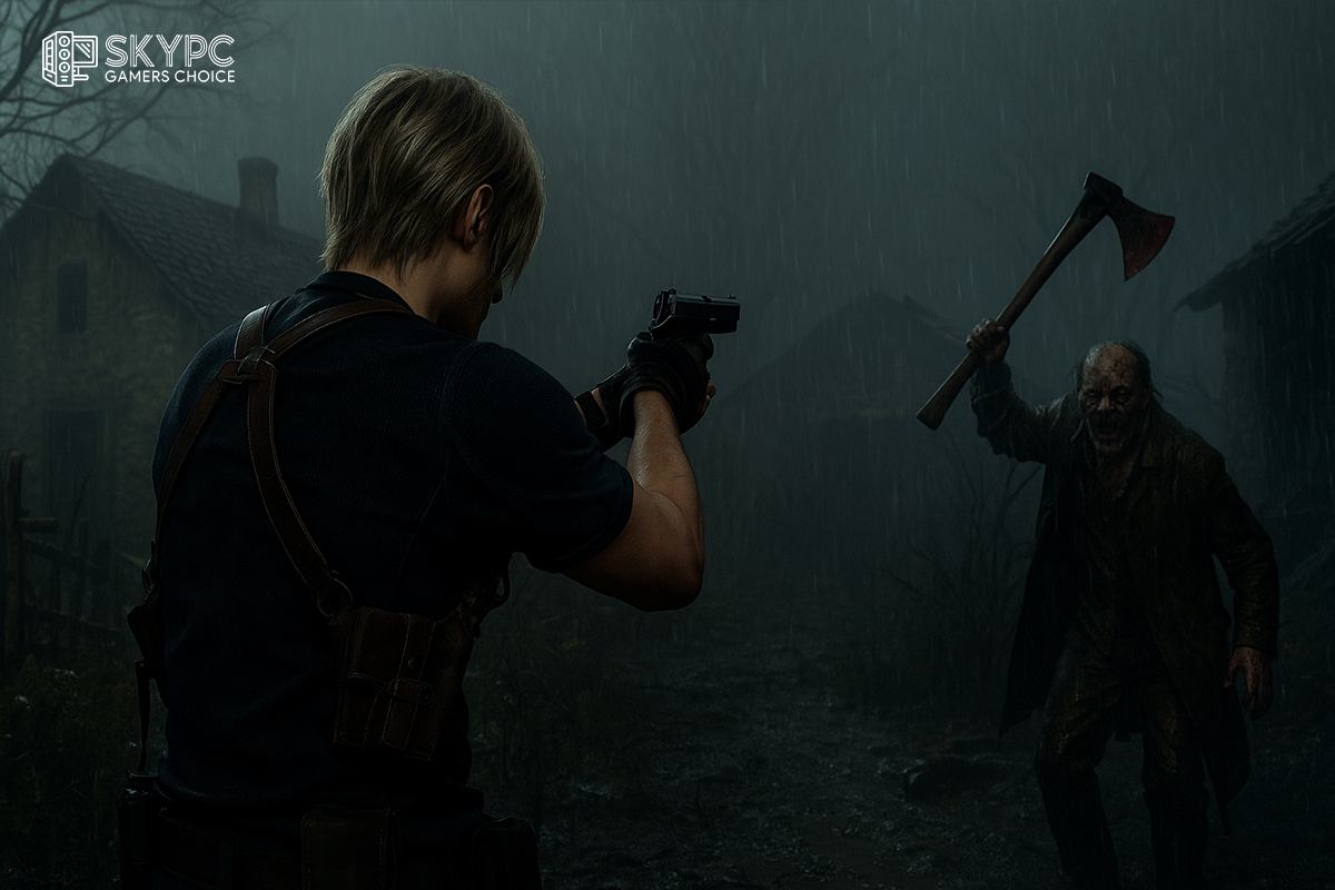لیان اس. کندی در Resident Evil 4 Remake در یک روستای تاریک و بارانی، اسلحه‌اش را به سمت دشمنی ترسناک با تبر نشانه رفته است – نمایی از بازی ترسناک کامپیوتر