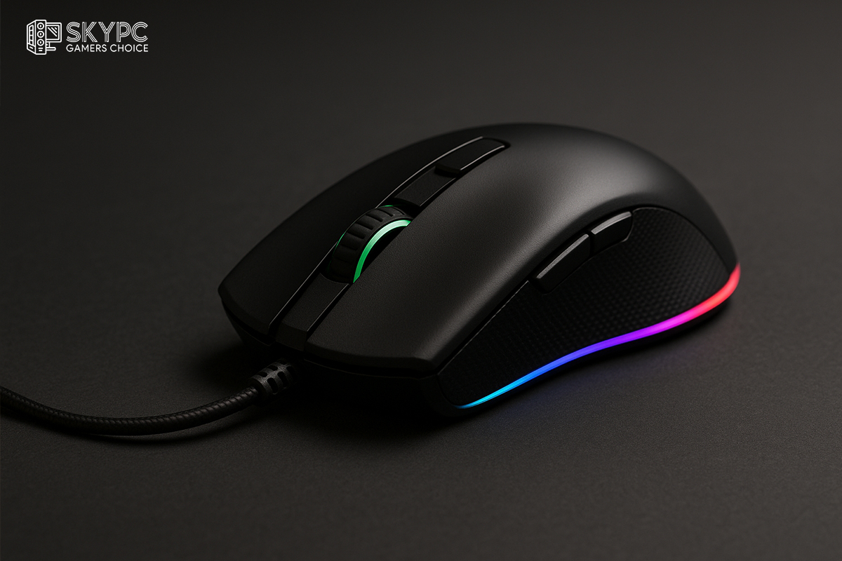 ماوس گیمینگ سیمی RGB روی میز تیره با کابل مشخص