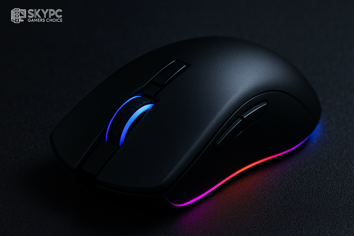 ماوس گیمینگ بیسیم با نورپردازی RGB روی میز تیره