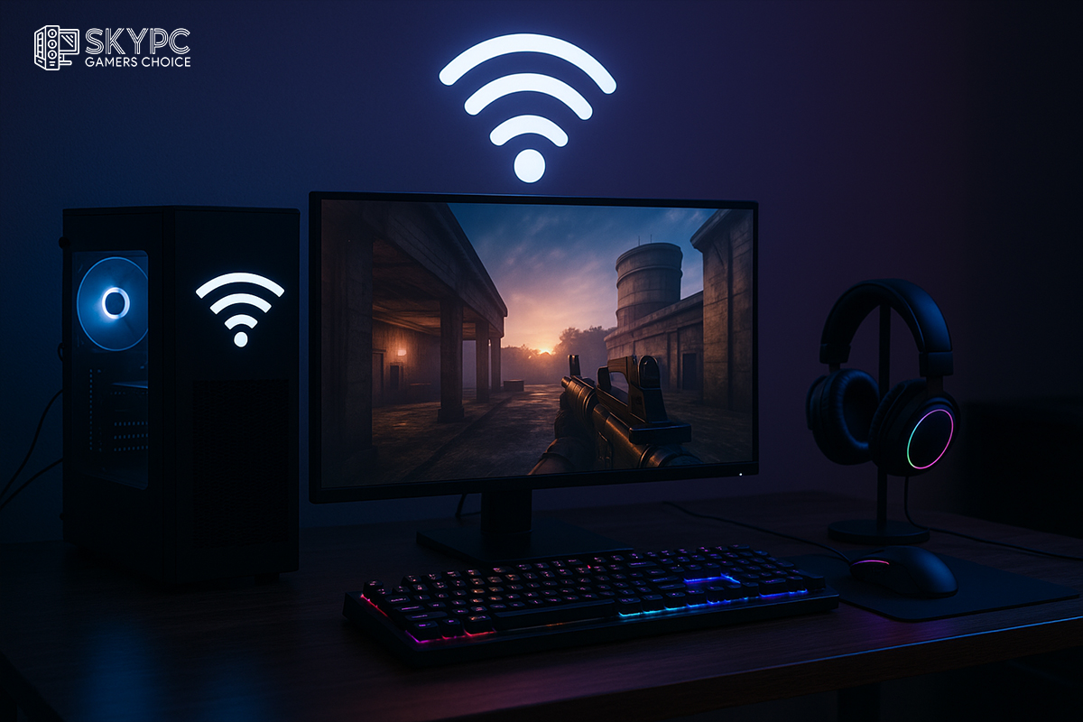 ستاپ گیمینگ با مانیتور، ماوس و کیبورد RGB به همراه هدست؛ نمایشگر با بازی شوتر و آیکون وایفای برای نماد اینترنت