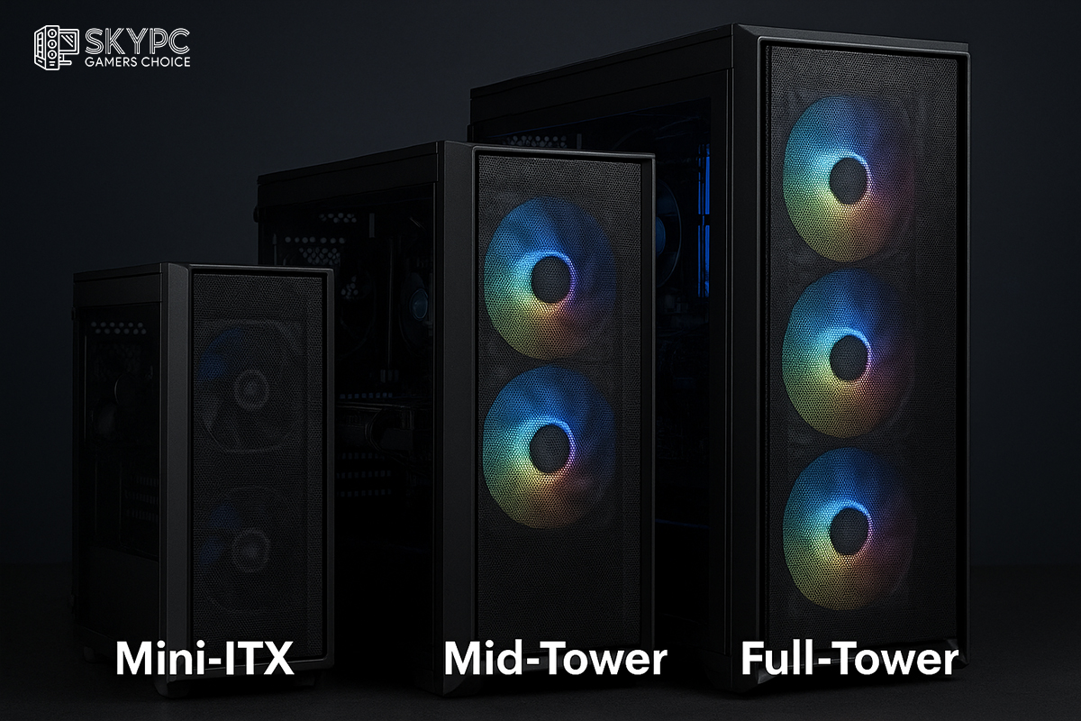 سه کیس گیمینگ در اندازههای Mini-ITX، Mid-Tower و Full-Tower کنار هم با نورپردازی RGB