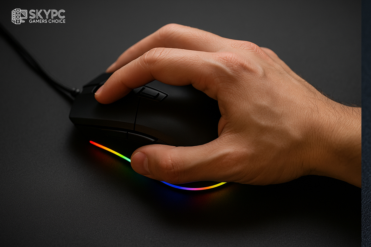 یک دست روی ماوس گیمینگ RGB روی میز تیره قرار دارد