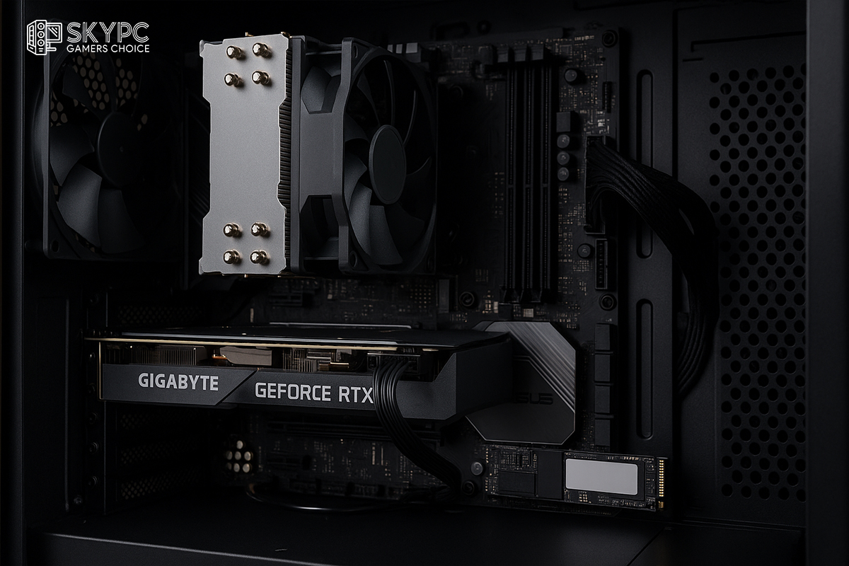 تصویر نزدیک از کارت گرافیک، CPU، رم و SSD در یک کیس گیمینگ حرفهای