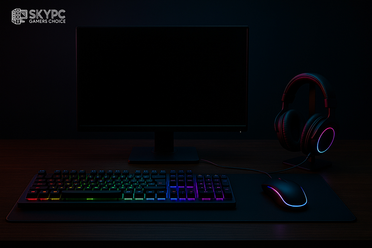 ستاپ گیمینگ شامل مانیتور RGB، کیبورد مکانیکال، ماوس گیمینگ و هدست روی میز حرفهای