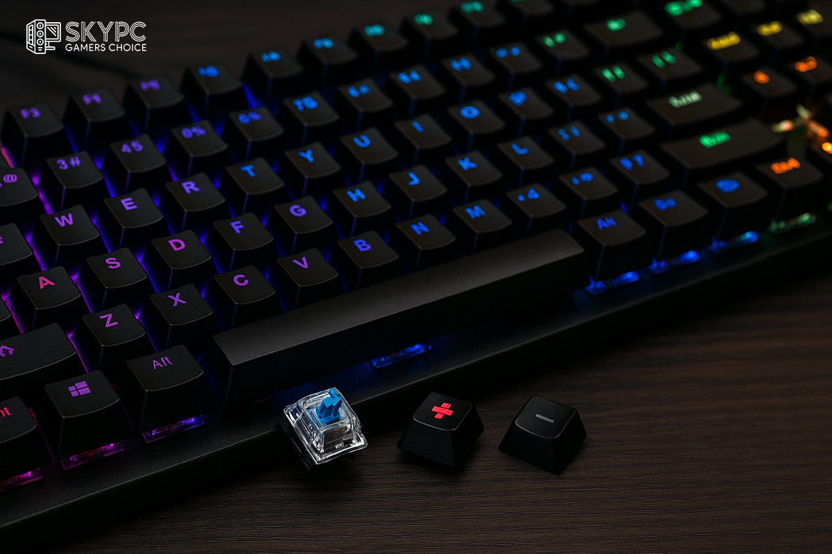کیبورد مکانیکی گیمینگ با نور RGB و سوییچ‌های گیمینگ باز شده