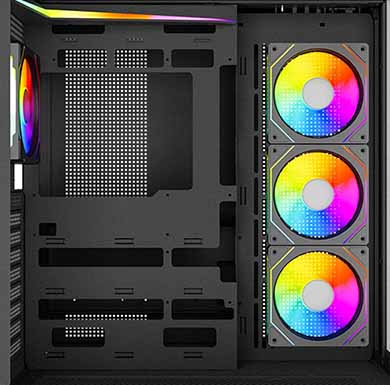 اتاق گیم مدرن با نورپردازی RGB آبی و بنفش، شامل میز گیمینگ، مانیتور، کیس نورانی و صندلی ارگونومیک در فضایی تاریک و حرفهای