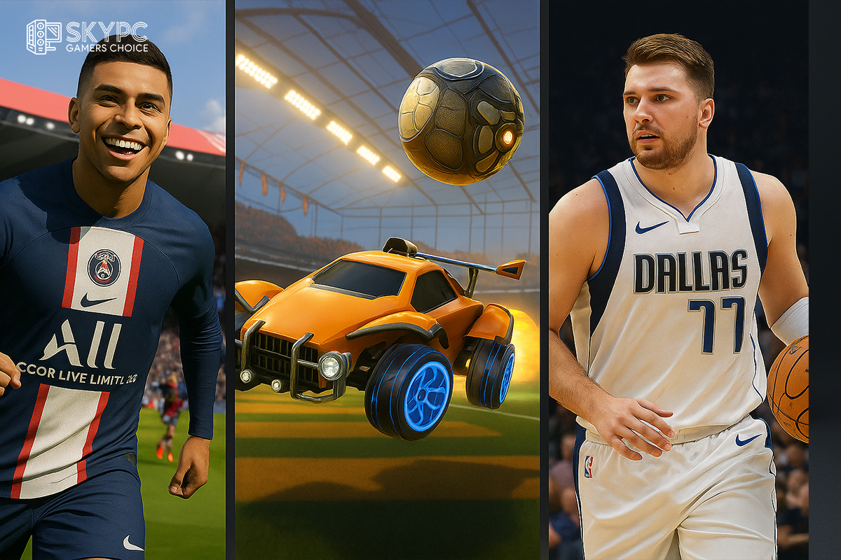 ترکیبی از سه بازی ورزشی و فان شامل EA Sports FC 25، NBA 2K25 و Rocket League که بازیکنان فوتبال، بسکتبال و خودروهای پرسرعت را در حال رقابت نشان میدهد؛ مناسب برای معرفی بازیهای ورزشی در شروع گیم 2025