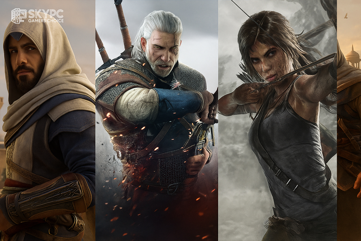 ترکیبی از سه بازی داستانی معروف شامل Assassin’s Creed Mirage، The Witcher 3: Wild Hunt و Tomb Raider Trilogy که هرکدام از برترین انتخابها برای شروع گیم در سال 2025 هستند